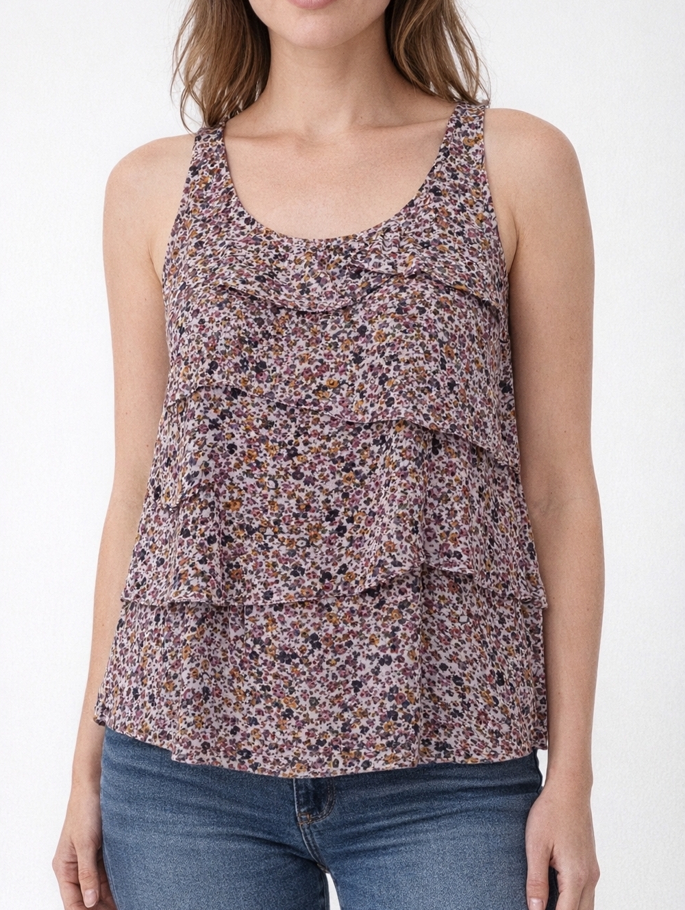 Retimans Tank Top Blouse Women's Petite XL Ruffle Floral Overlay Sleeveless